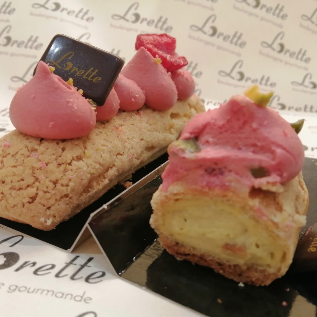 Eclair pistache framboises de Lorette, boulangerie artisanale à Paris